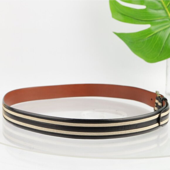 Torino USA Mens Belt Size 44 Black Leather Tan Inlay 1 1/2" Width Brass Buckle - Picture 3 of 16